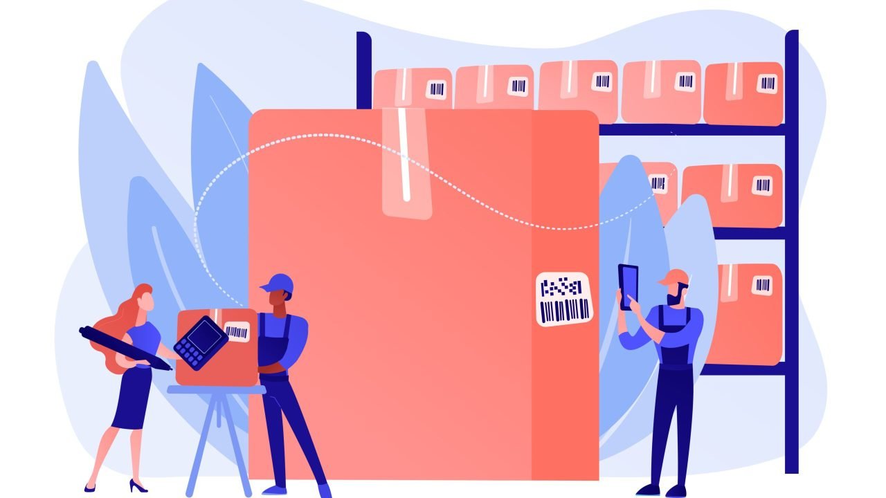 Workers in warehouse, storage facility. Sorting and labeling items. Barcode scanning, barcode generator software, mobile proof of delivery concept. Pinkish coral bluevector isolated illustration
