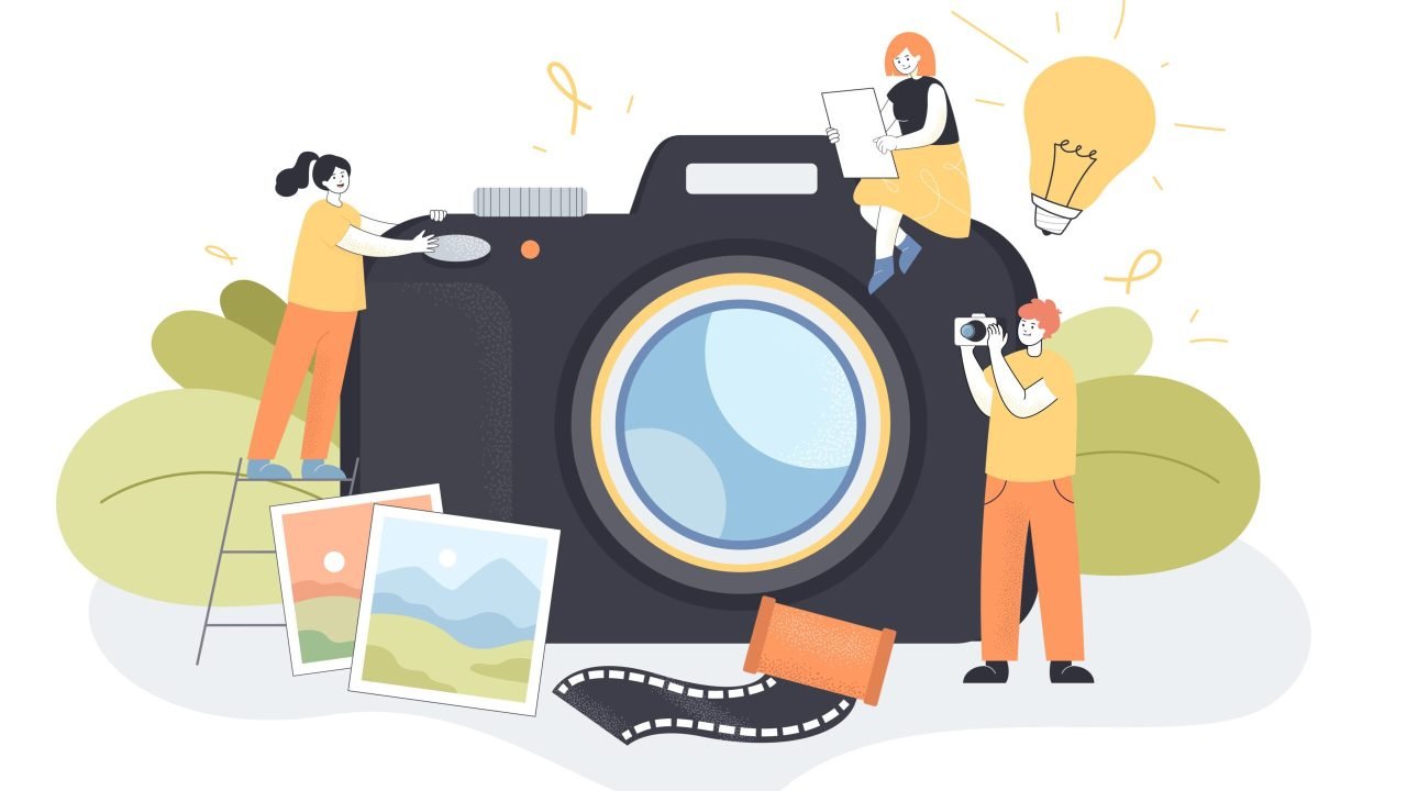 Huge camera and tiny people taking pictures. Photographer with camera, photos of landscapes flat vector illustration. Photography, occupation concept for banner, website design or landing web page