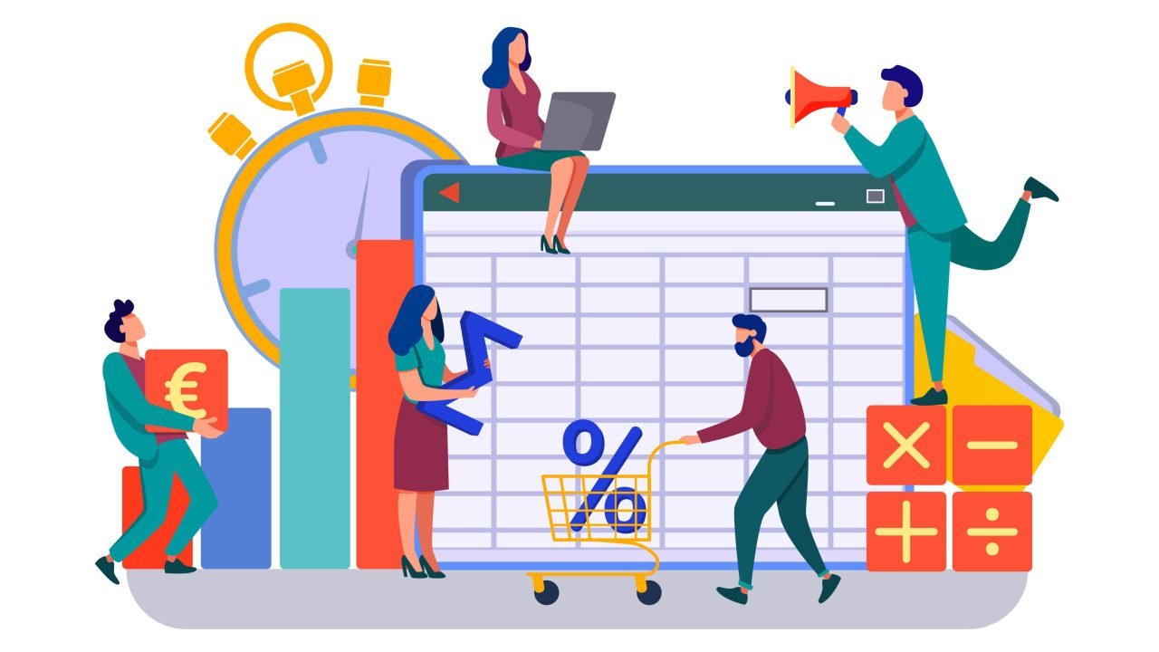 Accounting app vector illustration. Professionals working on financial reports, analyzing data sheet. Team of accountant using bookkeeping software